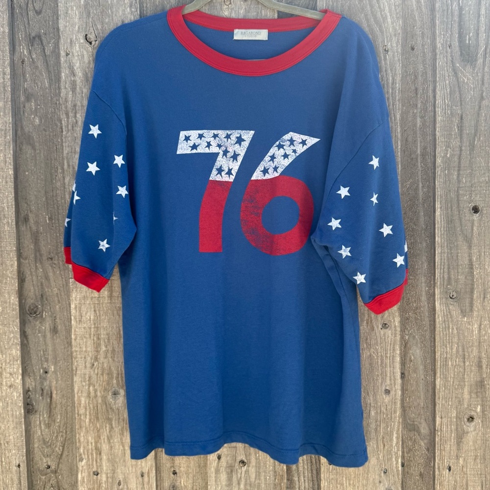 Free People x Ragabond Studio Lost & Found Ringer Tee RED WHITE & BLUE